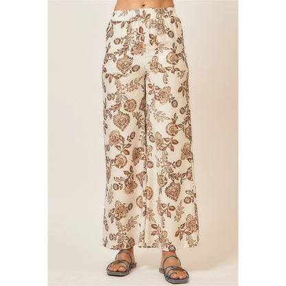 Ladies Floral Print Wide Leg Pants-Natural