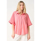 Ladies Soft Stretch Woven Short Sleeve Button Down Top-Tropical Rose