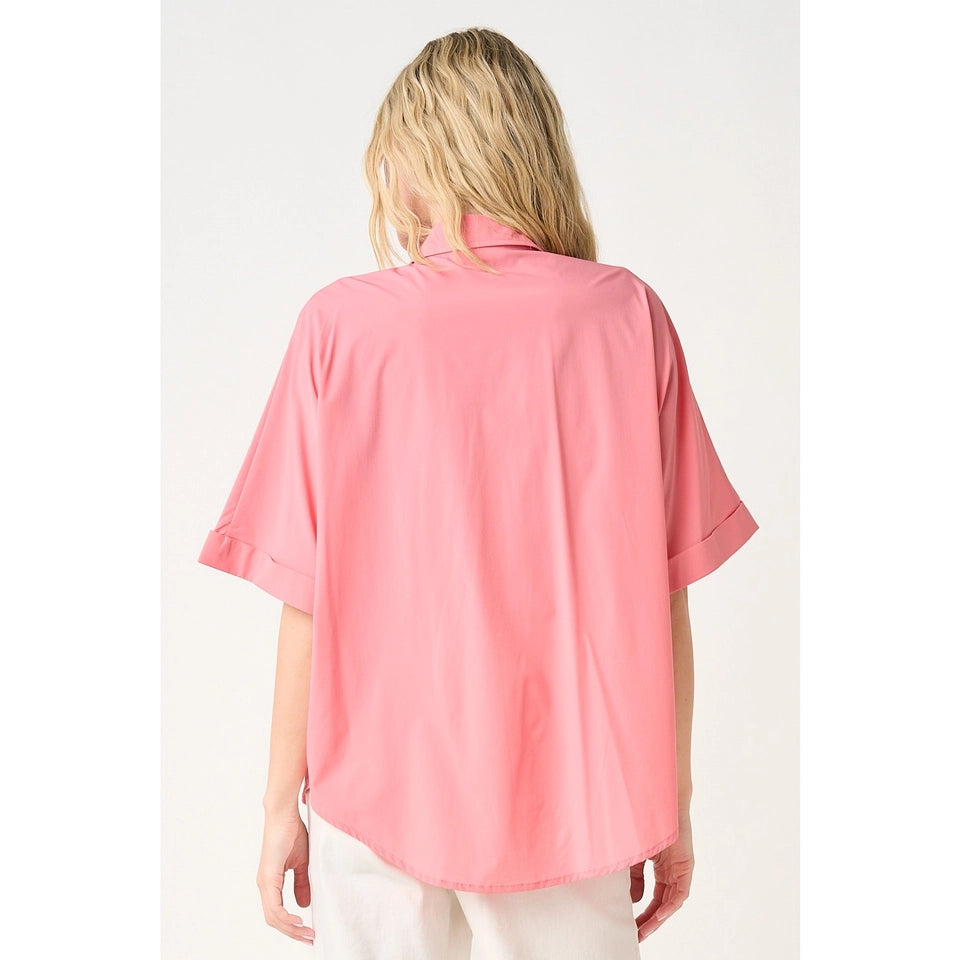 Ladies Soft Stretch Woven Short Sleeve Button Down Top-Tropical Rose
