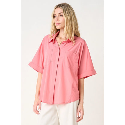 Ladies Soft Stretch Woven Short Sleeve Button Down Top-Tropical Rose