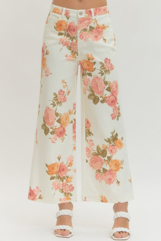 Ladies Floral Print Wide-Leg Pants by Entro-Ecru