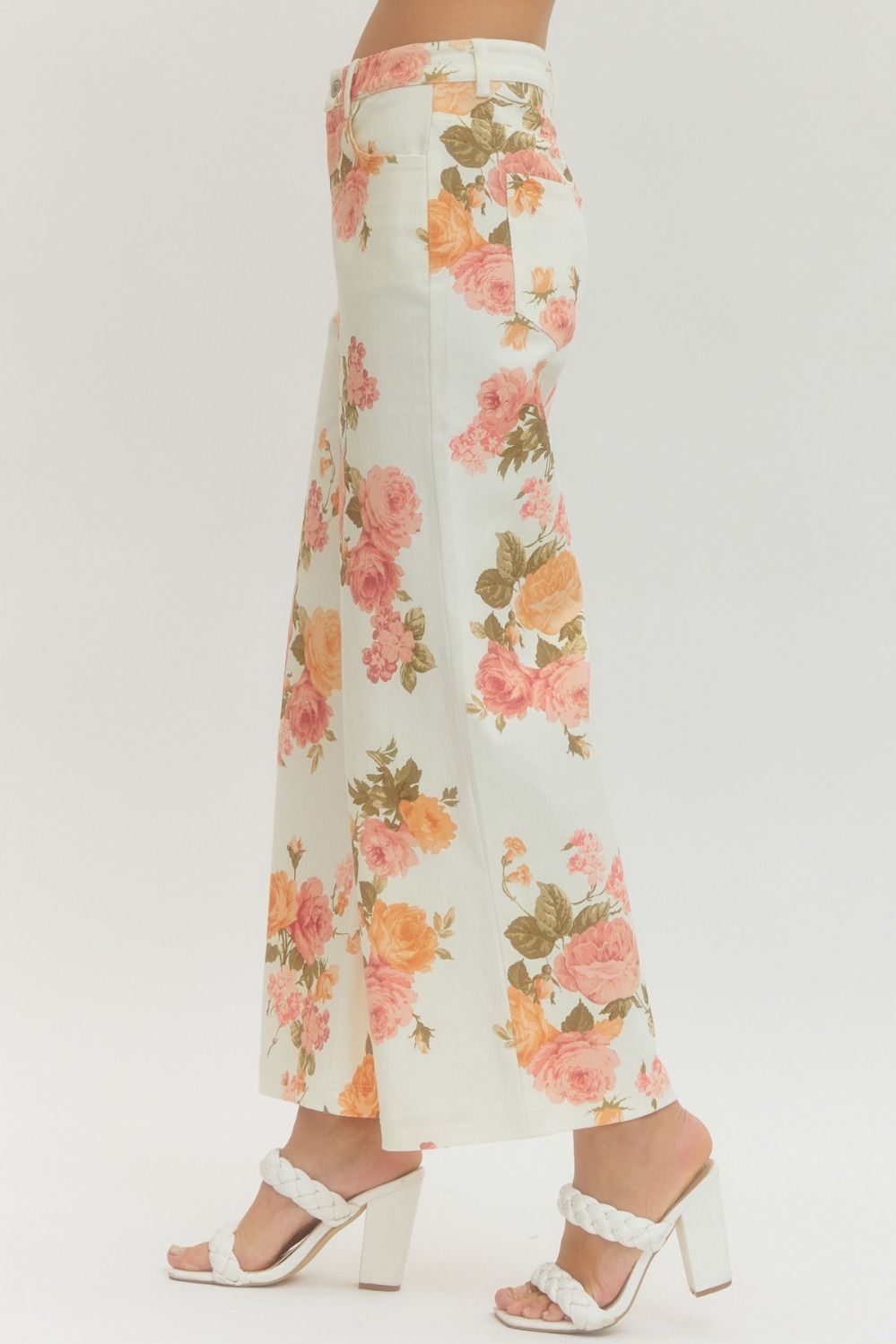 Ladies Floral Print Wide-Leg Pants by Entro-Ecru