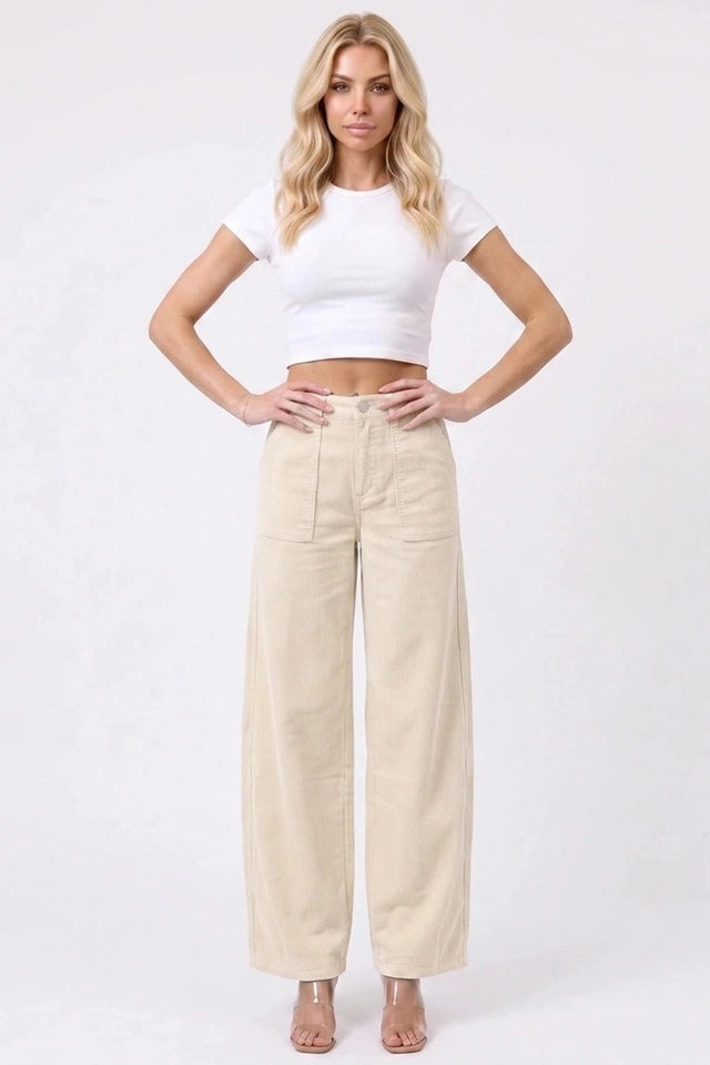 Ladies High Rise Low Curve Corduroy Barrel Leg Pants-Cream