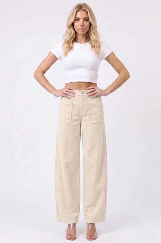 Ladies High Rise Low Curve Corduroy Barrel Leg Pants-Cream