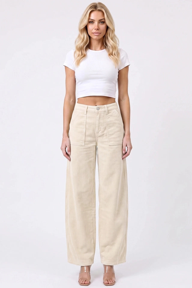 Ladies High Rise Low Curve Corduroy Barrel Leg Pants-Cream
