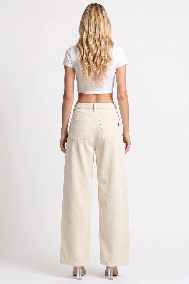 Ladies High Rise Low Curve Corduroy Barrel Leg Pants-Cream