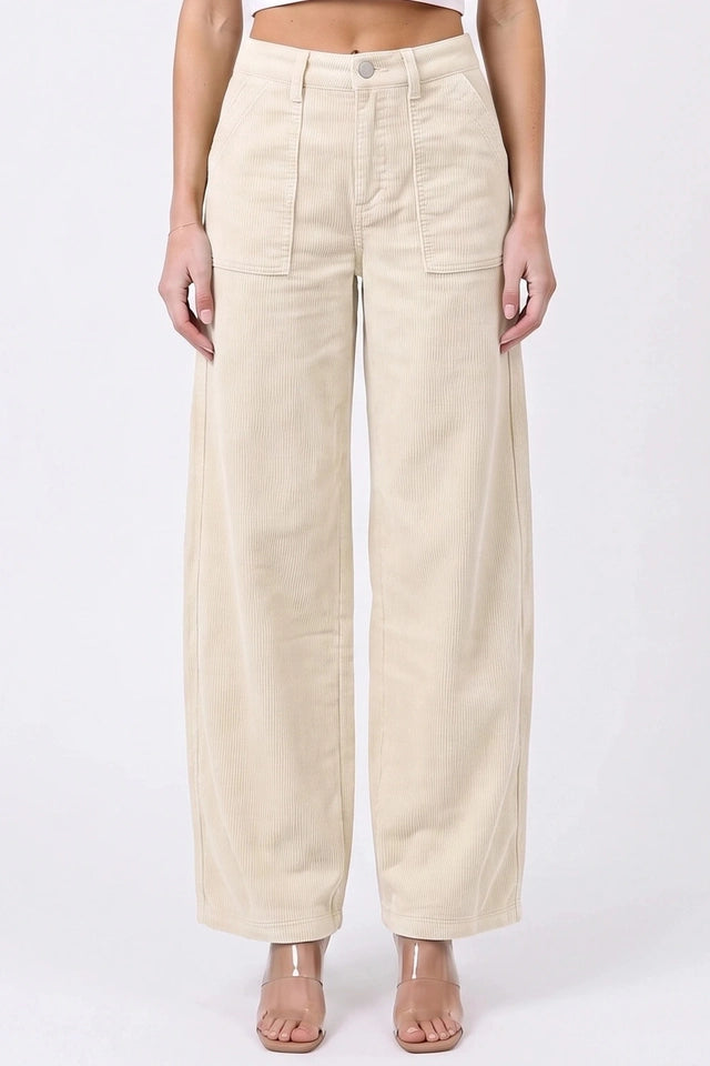 Ladies High Rise Low Curve Corduroy Barrel Leg Pants-Cream