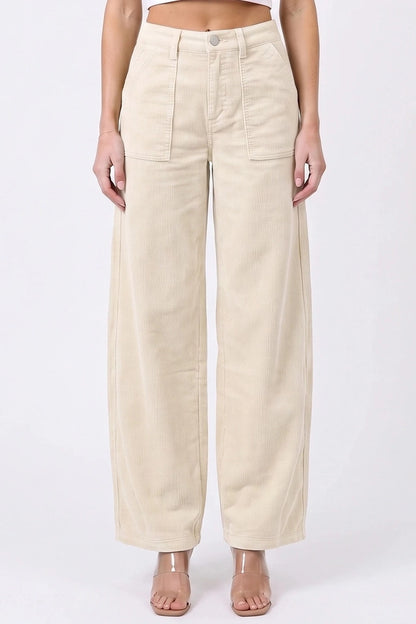 Ladies High Rise Low Curve Corduroy Barrel Leg Pants-Cream