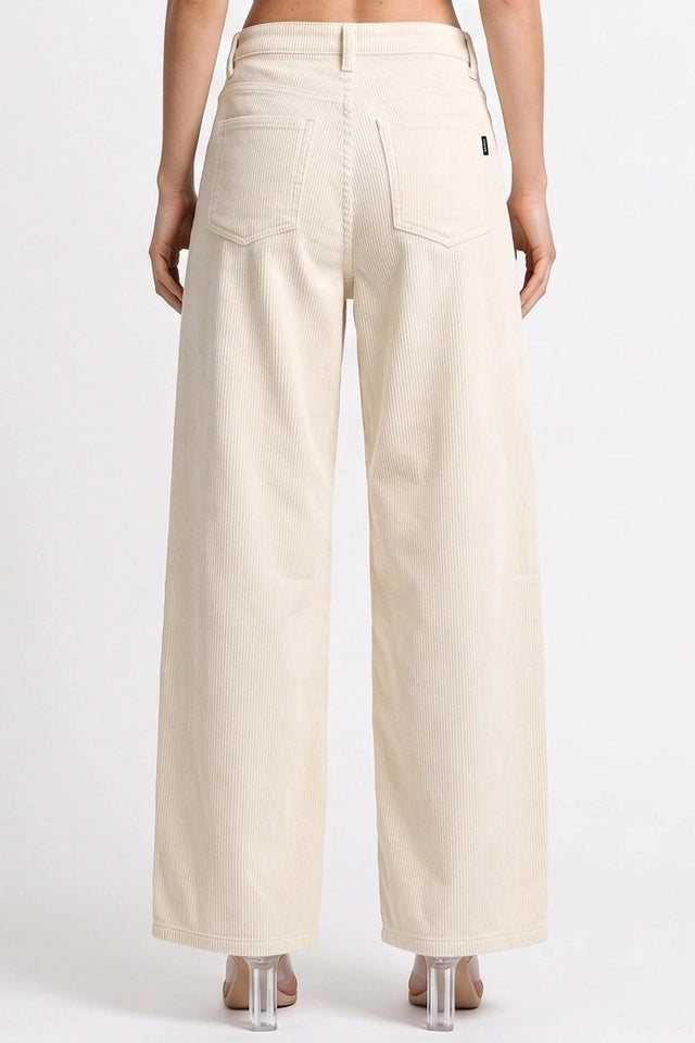Ladies High Rise Low Curve Corduroy Barrel Leg Pants-Cream