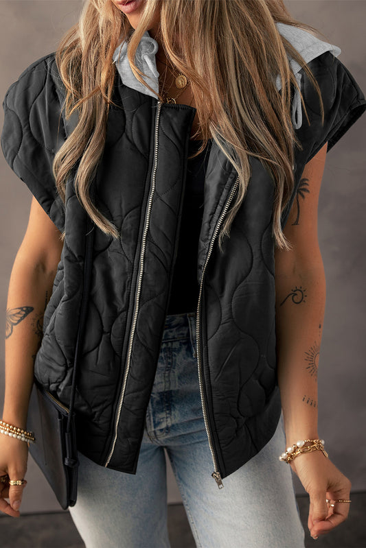 Ladies Black Quilted Drawstring Hooded Zip Up Puffer Vest