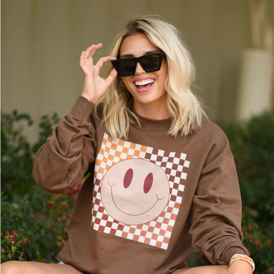 Ladies Fall Checkered Smiley Sweatshirt by P&PD - Brown