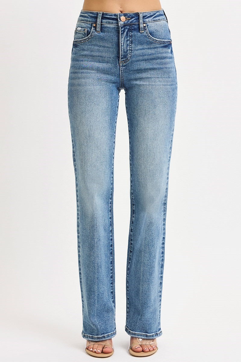 Ladies Tummy Control High Rise Straight Legged Jeans-Medium Wash