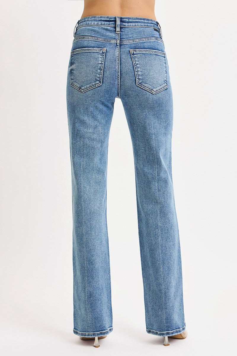 Ladies Tummy Control High Rise Straight Legged Jeans-Medium Wash