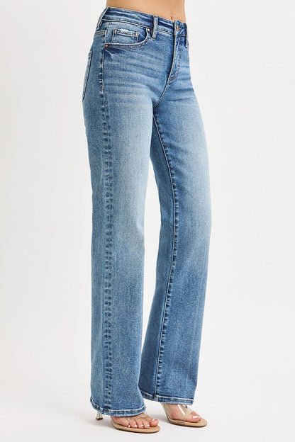 Ladies Tummy Control High Rise Straight Legged Jeans-Medium Wash