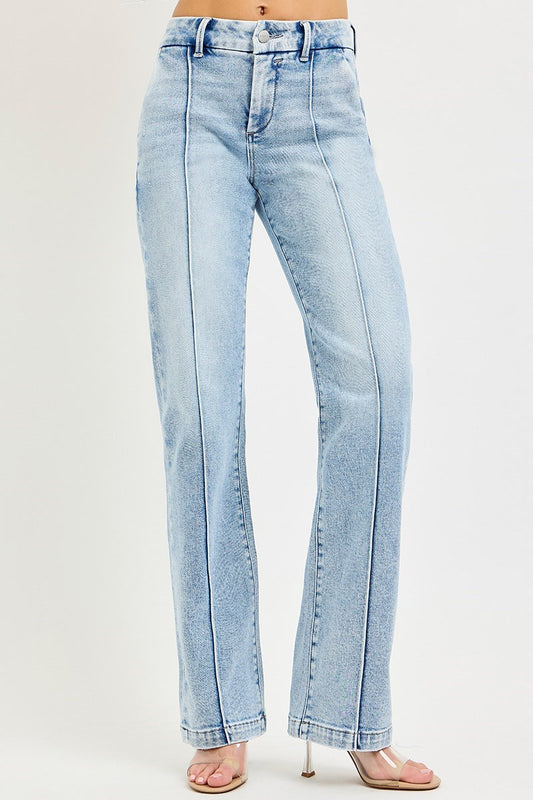 Ladies Tummy Control High Rise Straight Pin Tuck Jeans by Risen Jeans-Light