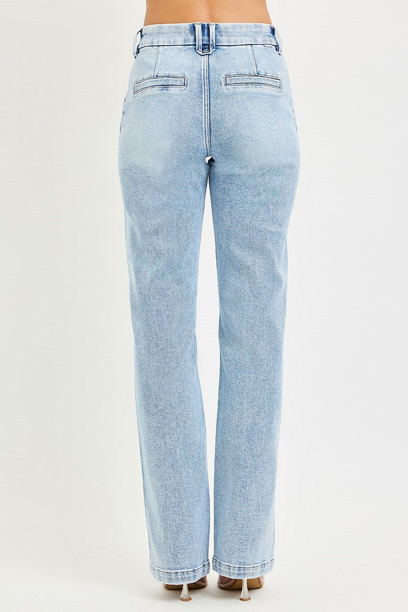 Ladies Tummy Control High Rise Straight Pin Tuck Jeans by Risen Jeans-Light