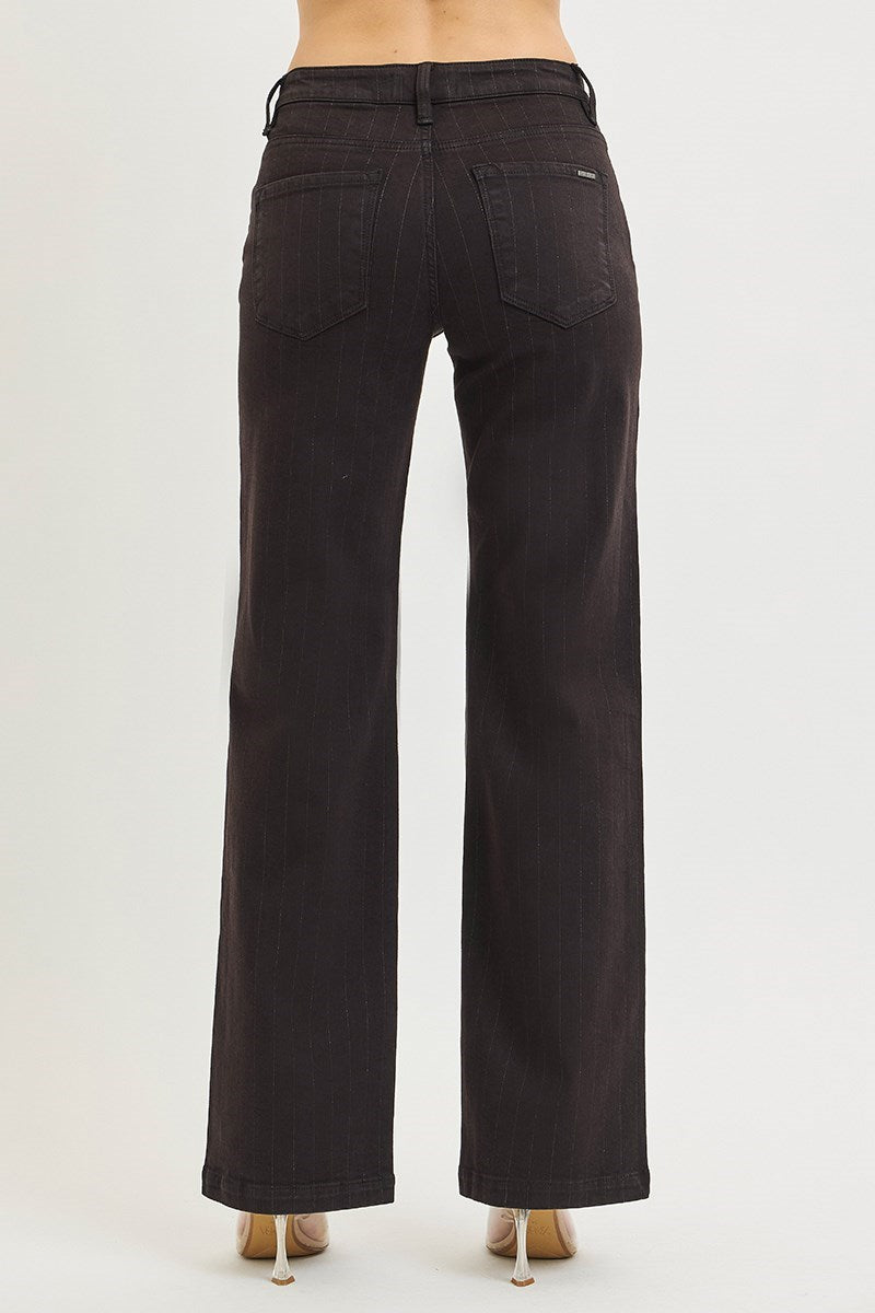 Ladies High Rise Straight Lurex Stripe Pants-Black