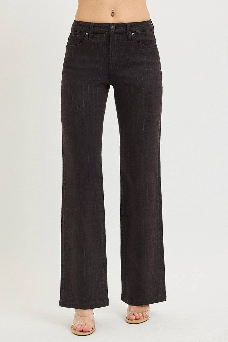 Ladies High Rise Straight Lurex Stripe Pants-Black