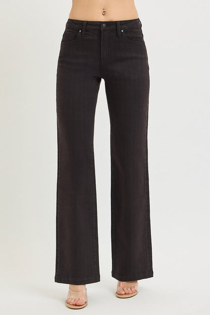 Ladies High Rise Straight Lurex Stripe Pants-Black