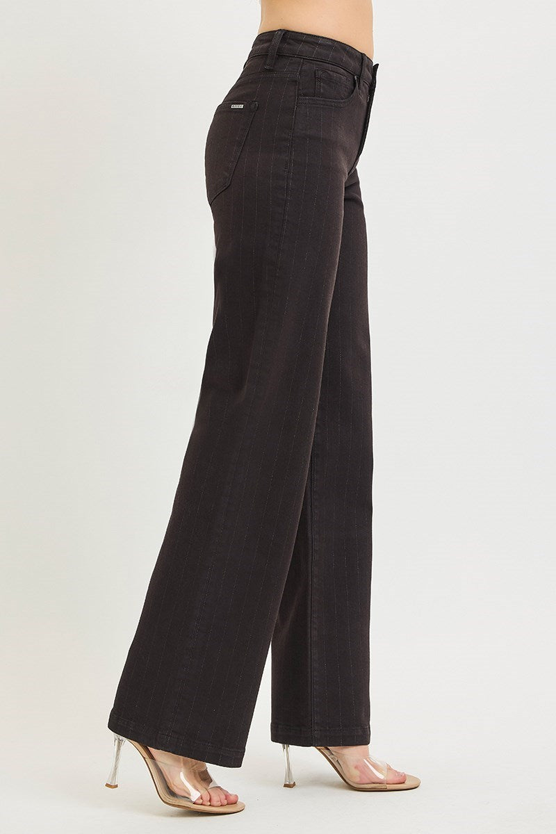 Ladies High Rise Straight Lurex Stripe Pants-Black