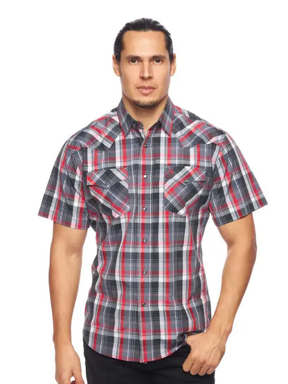 Men's Red/Black/White Plaid Short Sleeve Pearl Snap Shirt