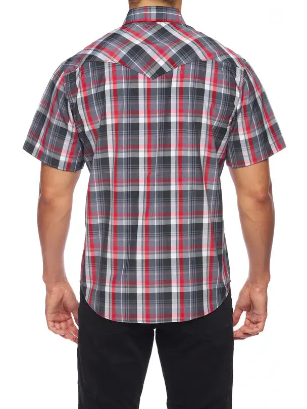 Men's Red/Black/White Plaid Short Sleeve Pearl Snap Shirt