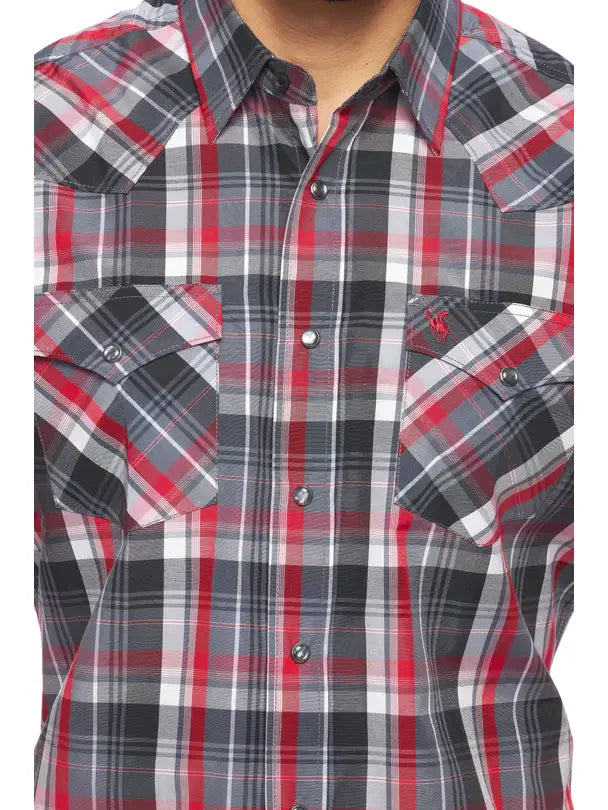Men's Red/Black/White Plaid Short Sleeve Pearl Snap Shirt