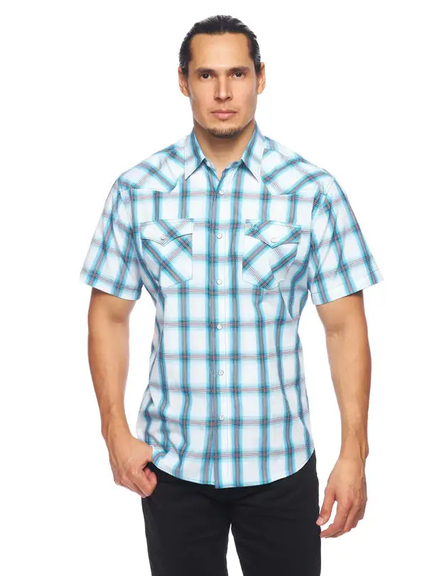 Men's Blue/Grey/White Plaid Short Sleeve Pearl Snap Shirt