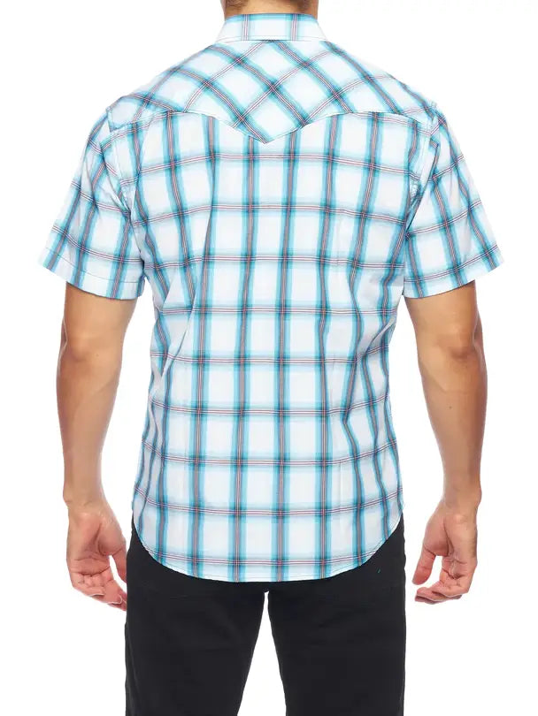 Men's Blue/Grey/White Plaid Short Sleeve Pearl Snap Shirt