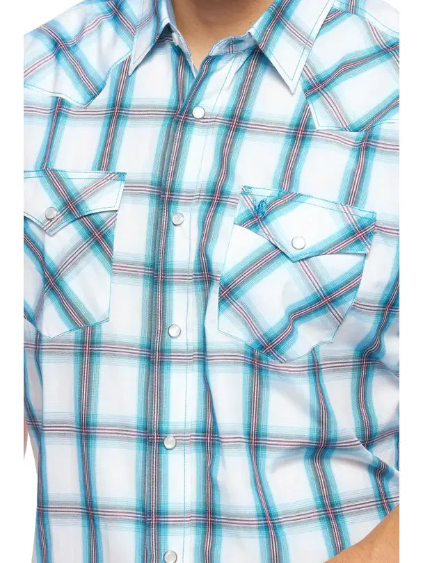 Men's Blue/Grey/White Plaid Short Sleeve Pearl Snap Shirt