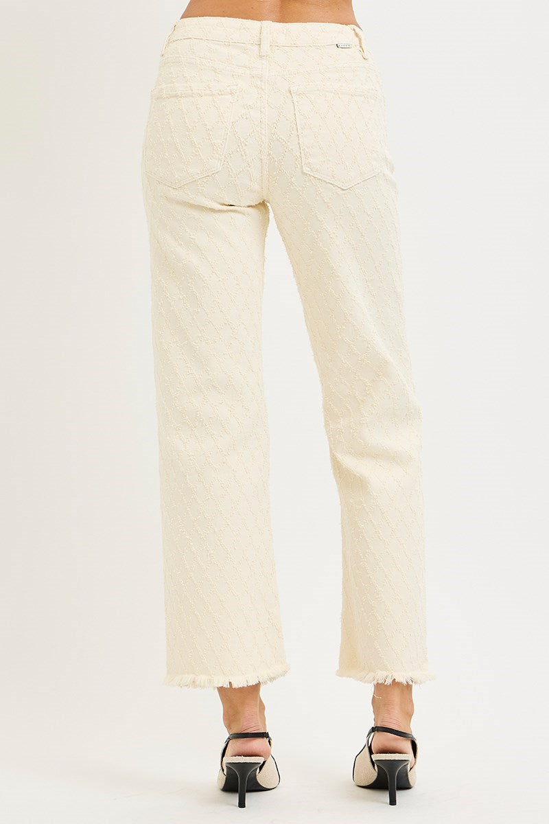 Ladies High Rise Ankle Straight Textured Stretchy Pants-Ivory
