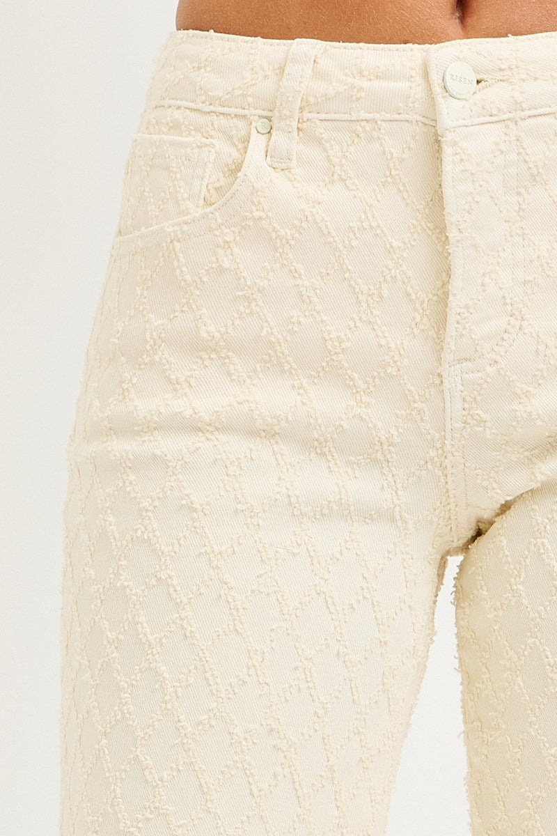Ladies High Rise Ankle Straight Textured Stretchy Pants-Ivory