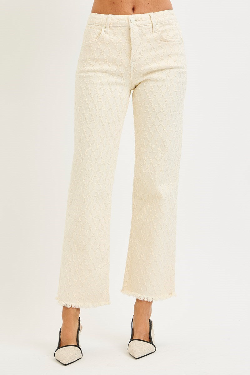 Ladies High Rise Ankle Straight Textured Stretchy Pants-Ivory