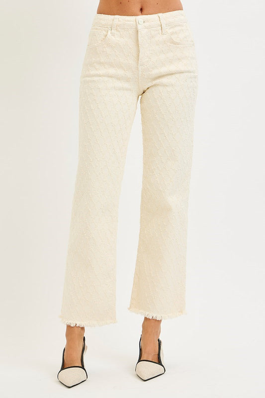 Ladies High Rise Ankle Straight Textured Stretchy Pants-Ivory