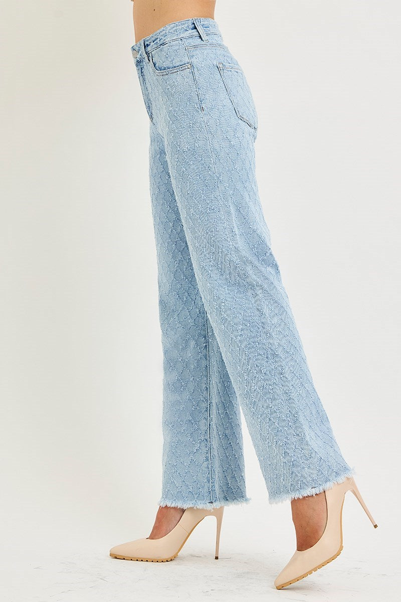 Ladies High Rise Ankle Straight Textured Stretchy Pants-Light