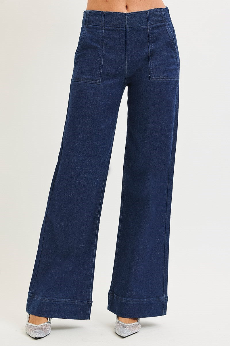 Ladies Elastic Band High Rise Wide Jeans with Patch Pockets by Risen Jeans-Solid Dark