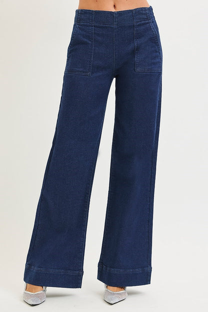 Ladies Elastic Band High Rise Wide Jeans with Patch Pockets by Risen Jeans-Solid Dark