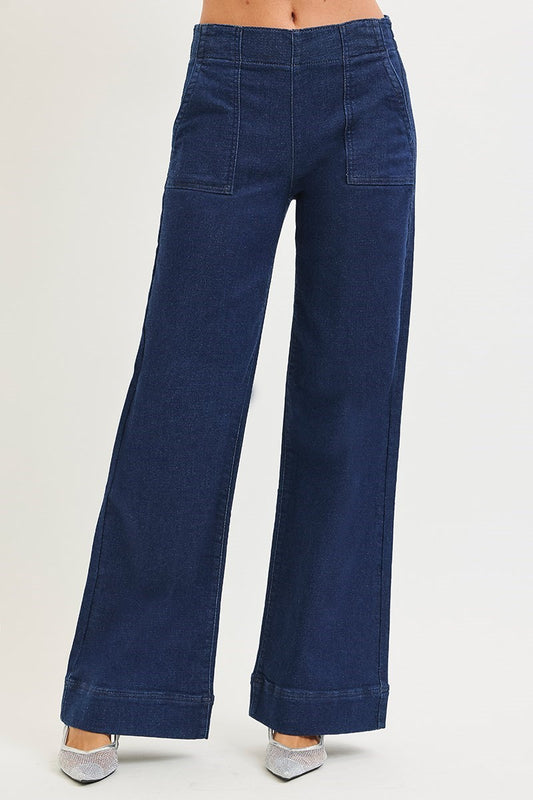 Ladies Elastic Band High Rise Wide Jeans with Patch Pockets by Risen Jeans-Solid Dark