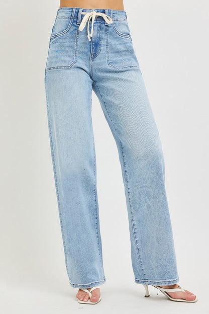 Ladies High Rise Wide Baggy Jeans with Waistband Tie by Risen Jeans