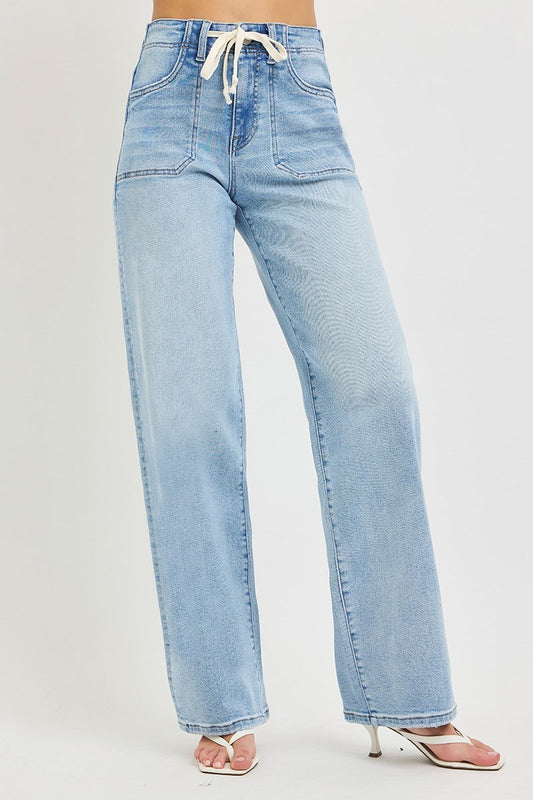 Ladies High Rise Wide Baggy Jeans with Waistband Tie by Risen Jeans