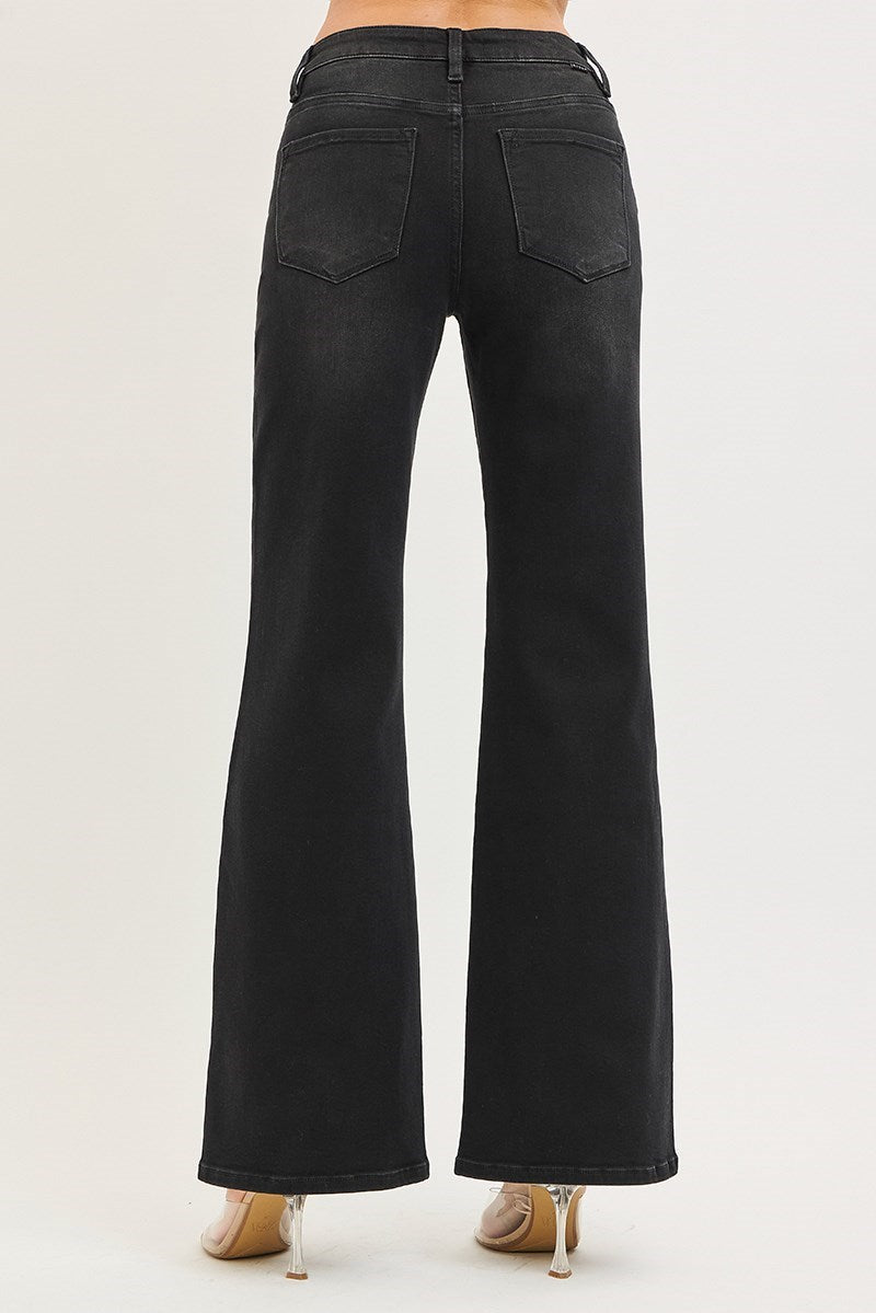 Ladies Tummy Control High Rise Wide Leg Jeans by Risen Jeans-Black