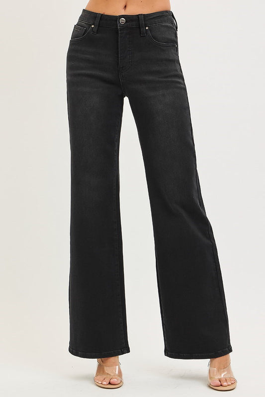 Ladies Tummy Control High Rise Wide Leg Jeans by Risen Jeans-Black