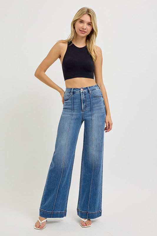 Ladies Tummy Control High Rise Ankle Wide Front Pintuck Jeans by Risen Jeans-Medium