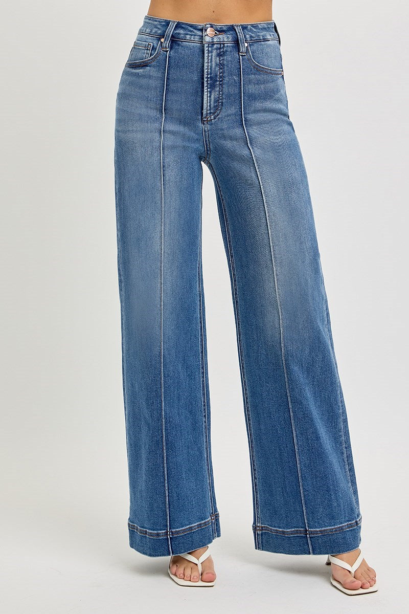 Ladies Tummy Control High Rise Ankle Wide Front Pintuck Jeans by Risen Jeans-Medium