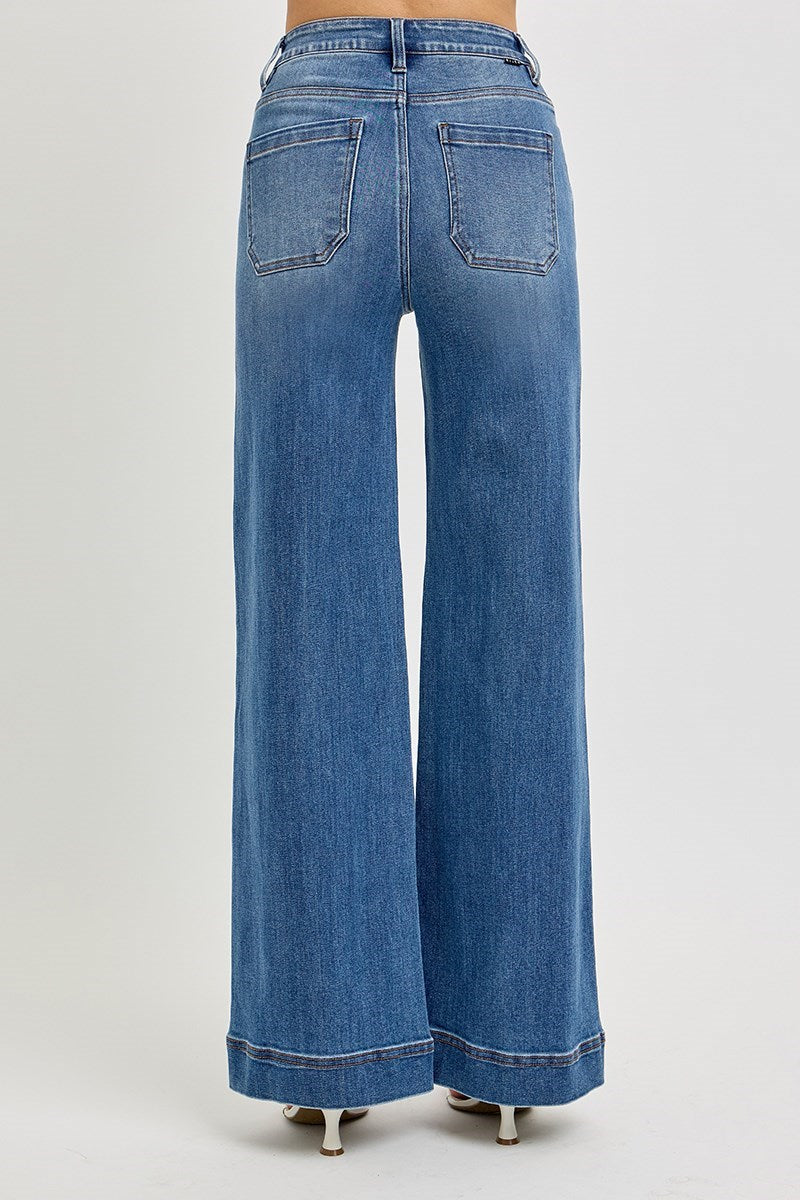 Ladies Tummy Control High Rise Ankle Wide Front Pintuck Jeans by Risen Jeans-Medium
