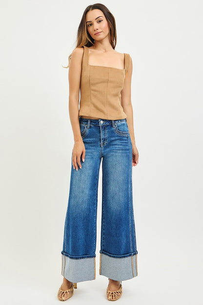 Ladies High Rise Wide Leg Cuffed Jeans with Double Front Pocket Detail-Dark