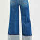 Ladies High Rise Wide Leg Cuffed Jeans with Double Front Pocket Detail-Dark