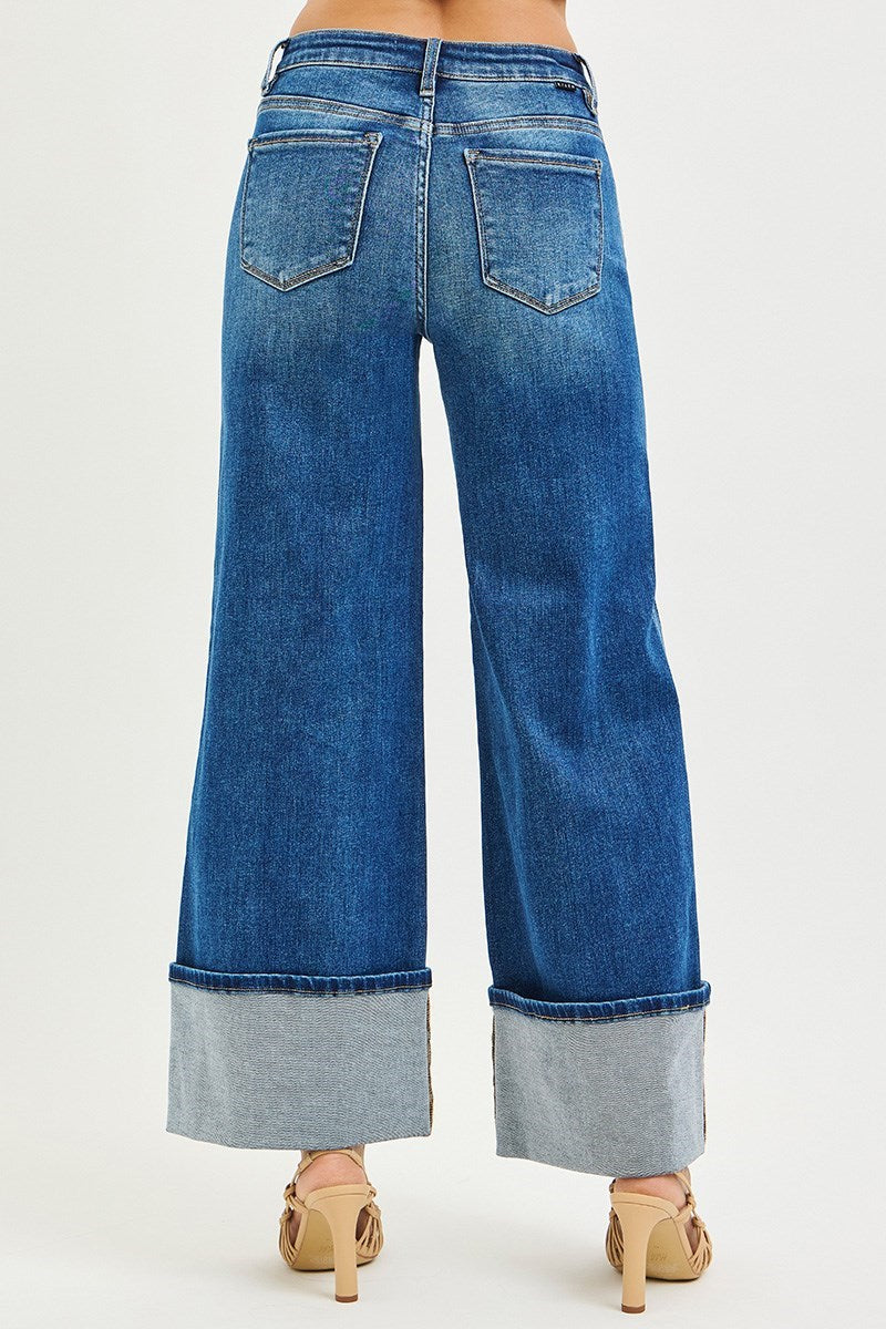 Ladies High Rise Wide Leg Cuffed Jeans with Double Front Pocket Detail-Dark