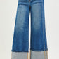 Ladies High Rise Wide Leg Cuffed Jeans with Double Front Pocket Detail-Dark