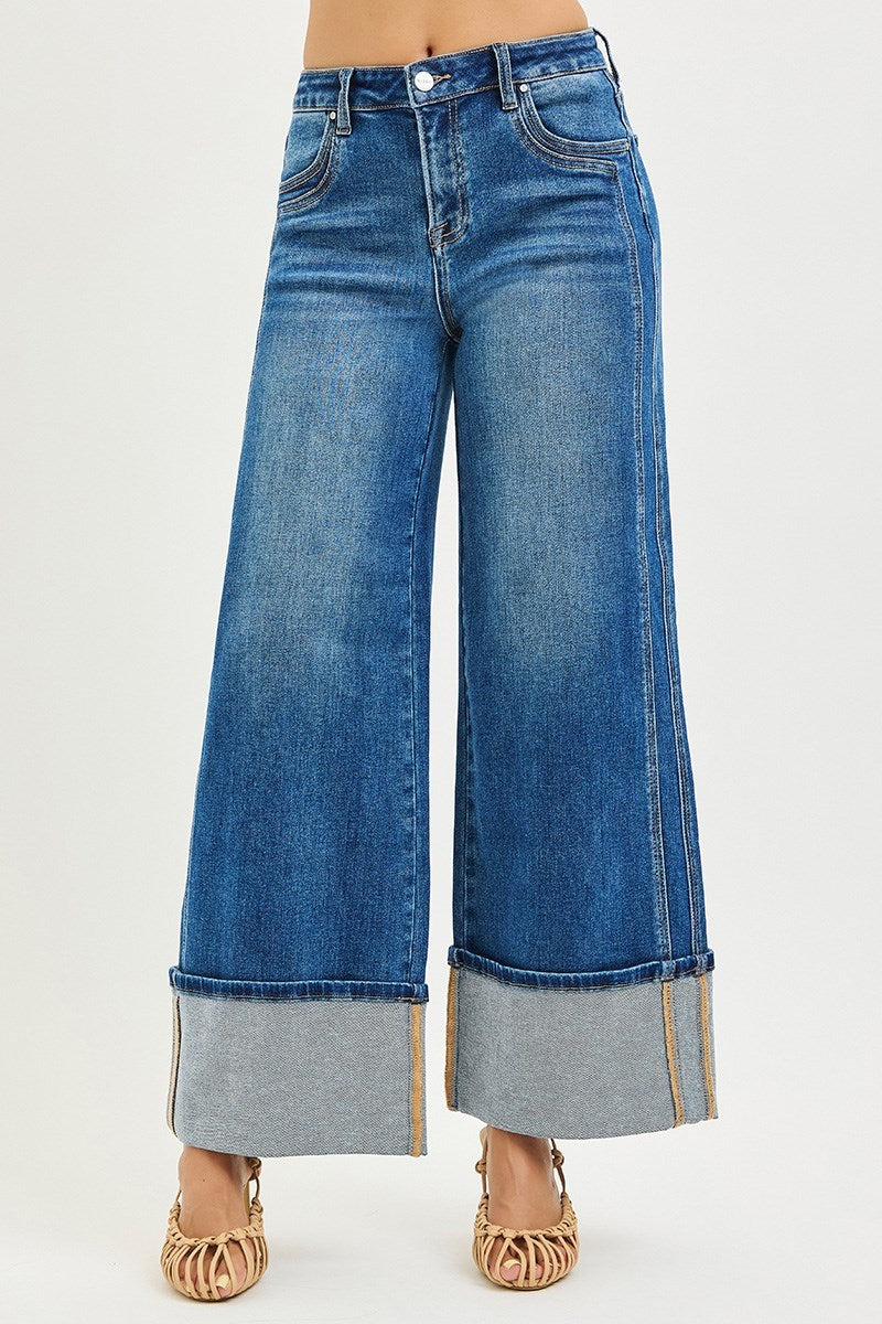 Ladies High Rise Wide Leg Cuffed Jeans with Double Front Pocket Detail-Dark